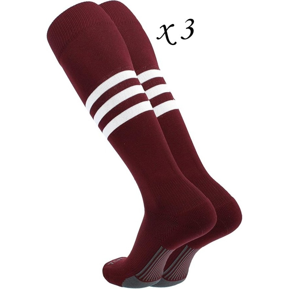 3 Pairs TCK Elite Performance Dugout Baseball Socks - Maroon Striped -‎ Large